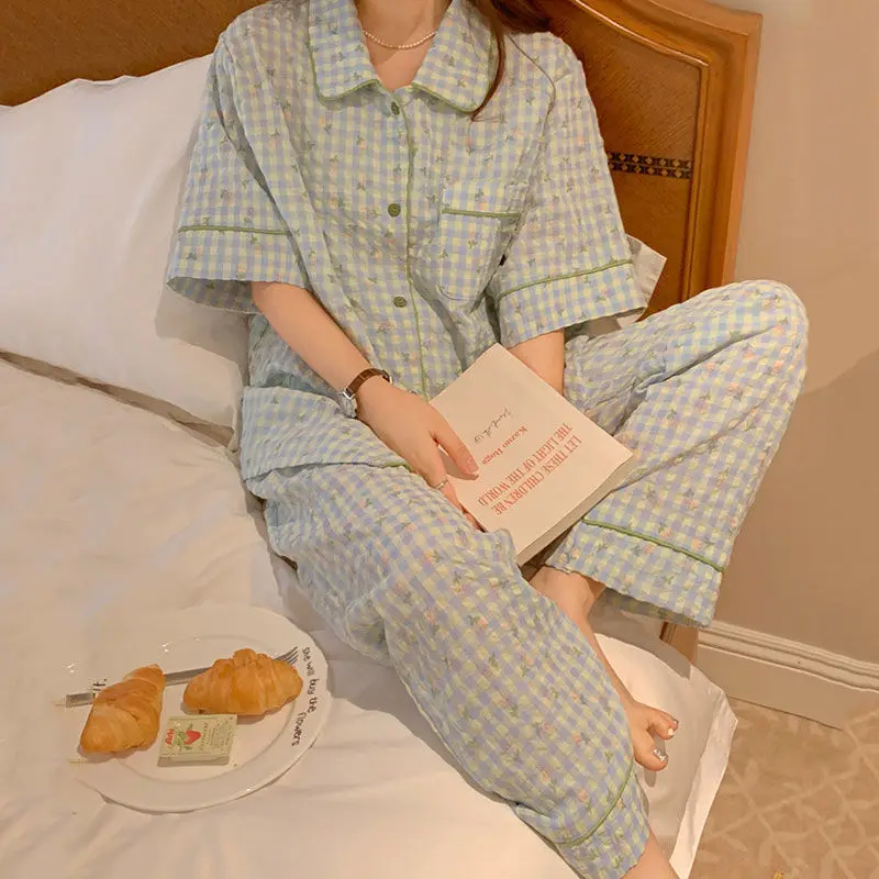 Plaid Sleepwear Women Pajama Sets Korean Style Pijama Pants Sets 2 Pieces Short Sleeve Night Wears Button Summer Home Suit 2024