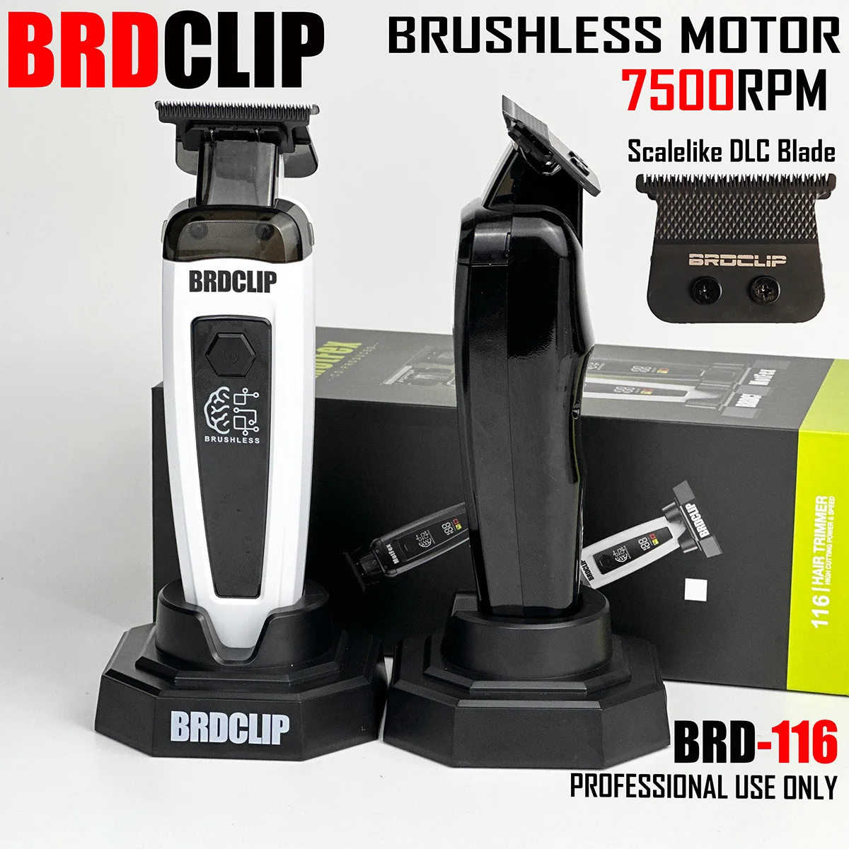

BRDCLIP Бесщеточный двигатель 7500 об/мин Профессиональный триммер для волос BRD 116, DLC, масштабическое основание лезвия, зарядное устройство, мужская машинка для стрижки волос, парикмахерская