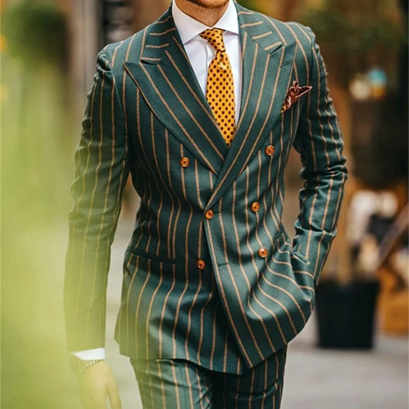 2 Piece Green Orange Striped Fashion Men Suits Slim Fit Double Breasted Classic Fit For Wedding Groom Blazer And Pants Outfits