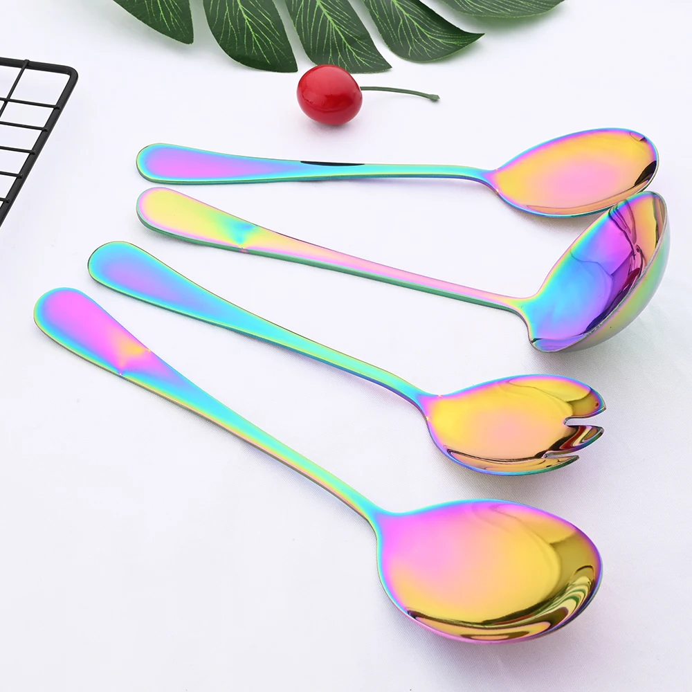 7Pcs Gold Stainless Steel Dinnerware Set Soup Spoon Colander Spoon Service Spoon Salad Fork Cake Spatula Kitchen Home Tableware