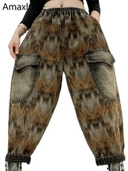 Amax luluE 2024 Fall Streetwear Women Vintage Printed Jeans Females Fashion Loose Casual Denim Pants Classic Punk Harem Trousers