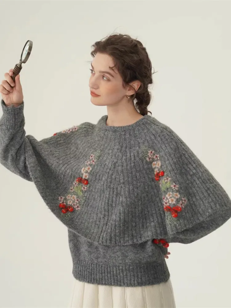 

110cm Bust Fall Winter Pullovers Sweaters Women Vintage Elegant Handmade Embroidery Crochet Red Fruit Knitted Wool Sweater+Cloak