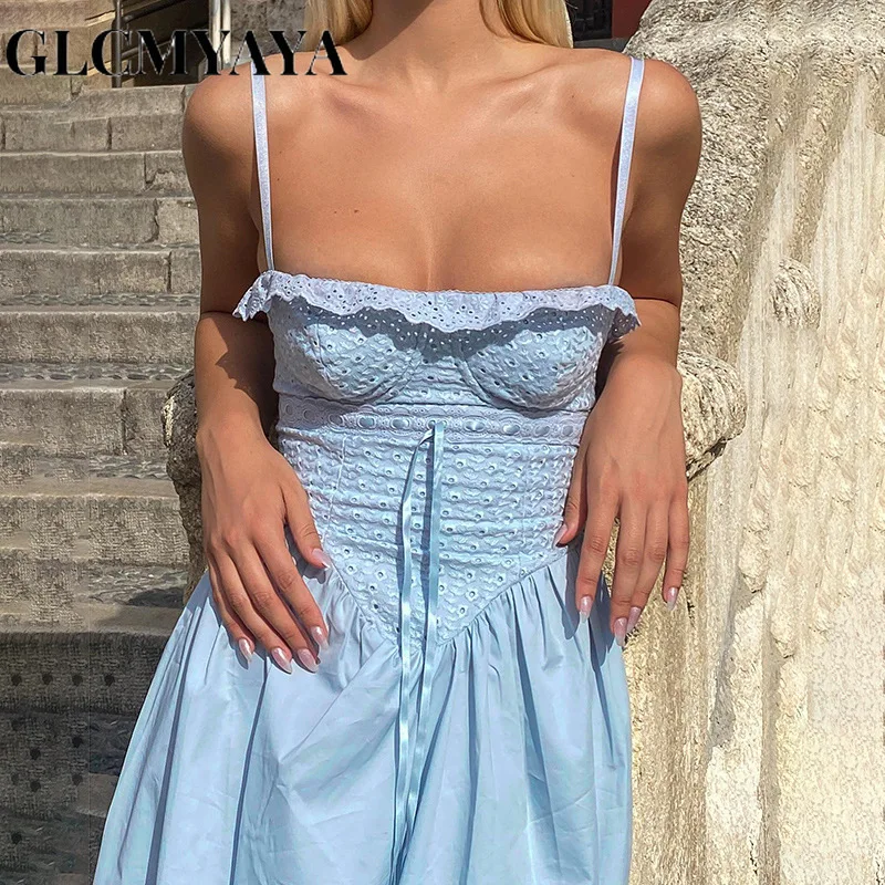 GLCMYAYA Women Lacework Slash Neck Low Cut High Side Slit Solid Spaghetti Strap Midi Dress 2023 INS Summer Sexy Party Dresses