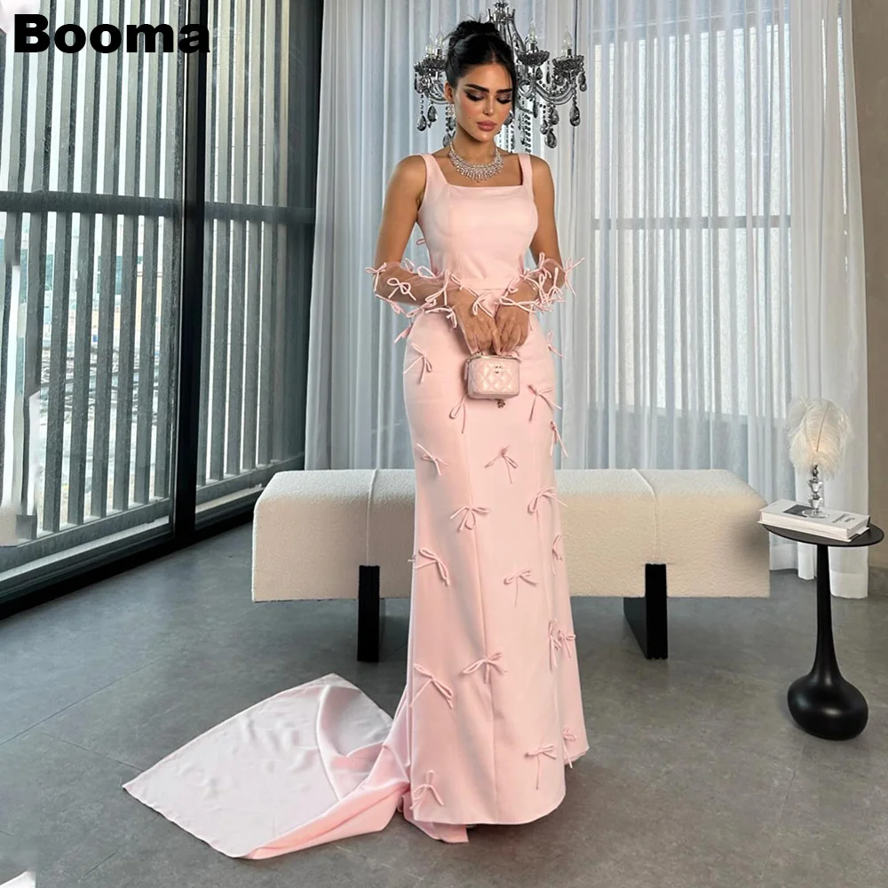 

Booma Pink Mermaid Evening Dresses Square Collar Sleeveless Formal Occasion Dresses for Women Sweep Train Prom Gowns with Bow