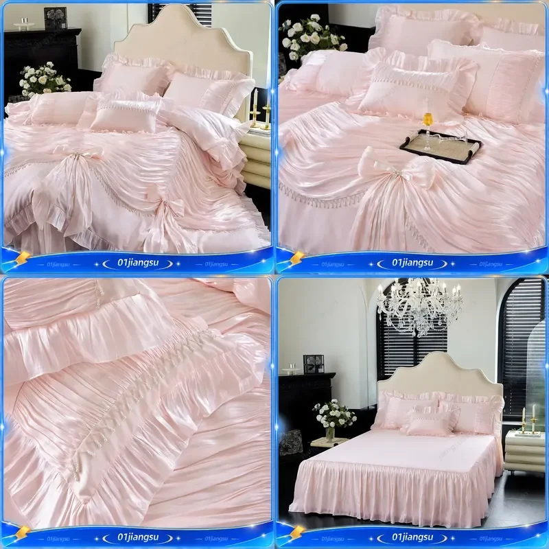 1000TC Egyptian Cotton Bedding Set Vintage French Palace Style Pleated Lace Ruffles Bow Duvet Cover Bed Skirt Pillowcases 4 5