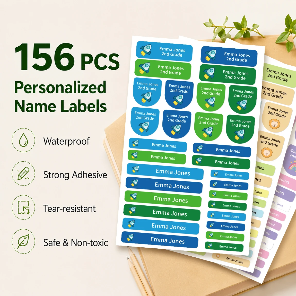 

156 PCS Custom Name Labels, Waterproof Personalized Stickers for Books, Lunch Boxes, Pencil Cases, Home & School Use