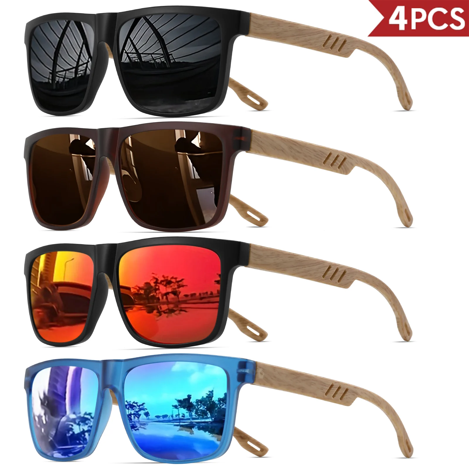 4 stuks houtnerf veerscharnier zonnebril - klassiek retro vierkant frame, UV400 unisex comfort geschikt voor dagelijkse vrijetijdskleding
