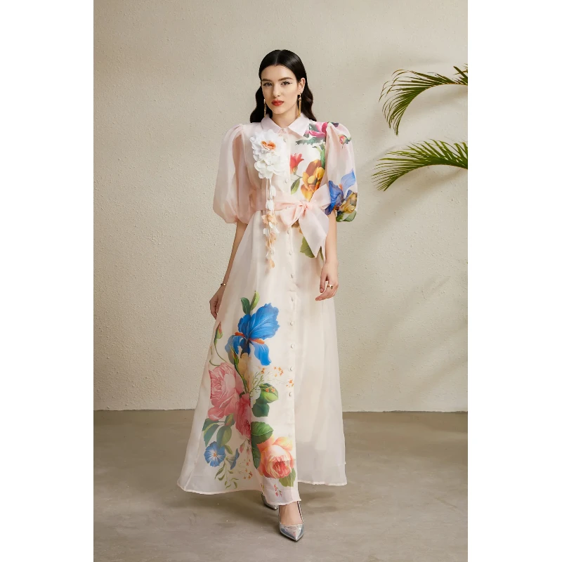 フレンチシックヴィンテージボヘミアンプリントイブニングパーティードレス女性用メッシュパフスリーブシングルブレストサンドレス婦人服ロングドレス