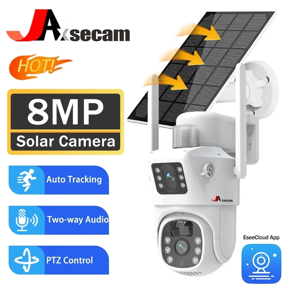 Eseecloud 4K 8MP Solar Panel Mult Dual Lens PTZ Camera WiFi Outdoor Auto Tracking Security Protection Camera Built in battery