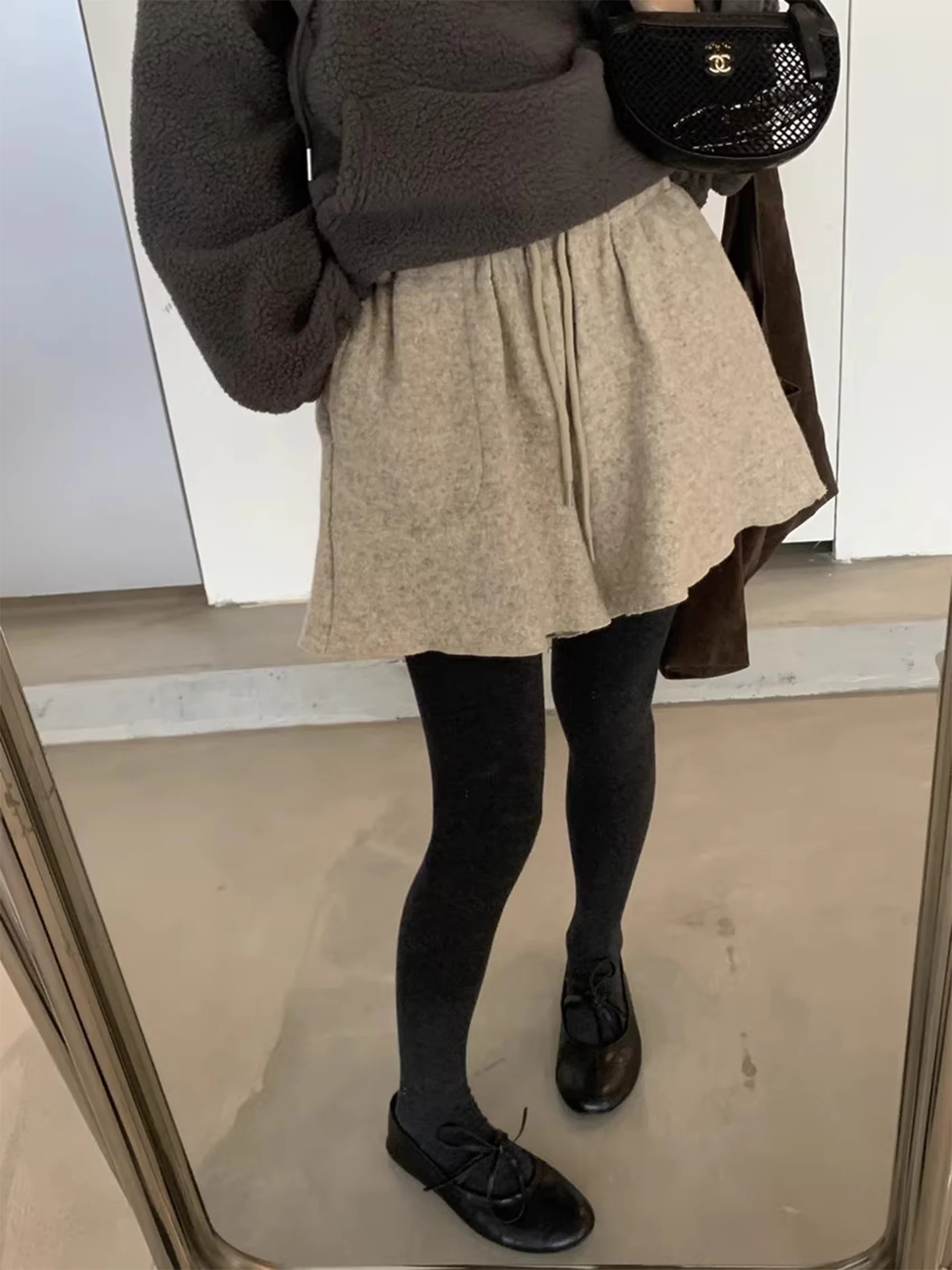 السيدات مستقيم الساق الصوفية عارضة السراويل عالية الخصر Dstring واسعة الساق ort السراويل لون نقي كيت تصميم الشتاء Faion #2