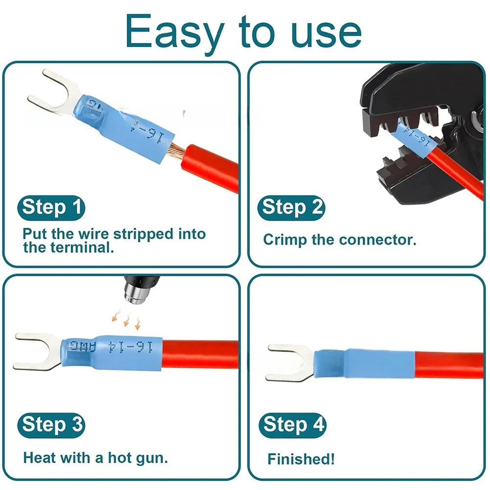 Heat Shrink Insulated Fork Terminals 180 Count for Spade Connections Tinned Copper Core Compatible with AWG 22 to 10 Wire Sizes