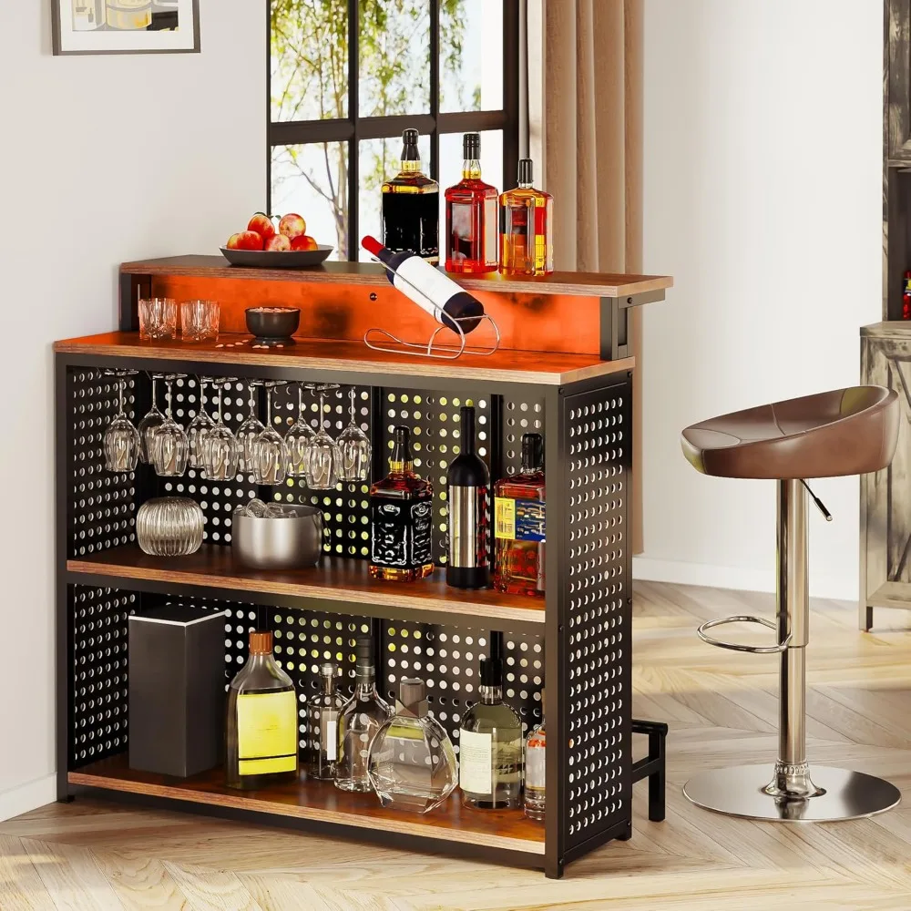 

Mini Home Bar Unit with Music Sensing LED Light, Liquor Wine Cabinet w Counter Tall Bar Table Top Alcohol Storage Shelf Glasses