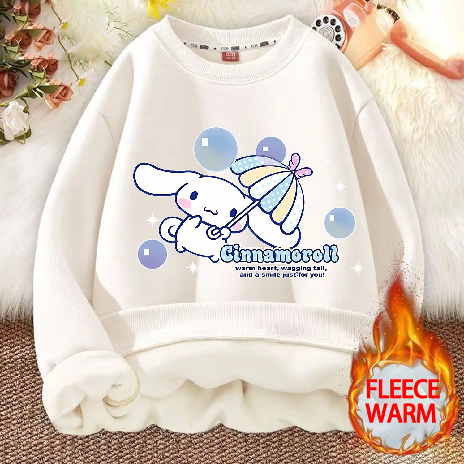 سينامورول هوديي جديد للأطفال لطيف الكرتون الصوف ملابس الفتيات ملابس بيضاء أزياء أطفال شتاء دافئ البلوز هدية