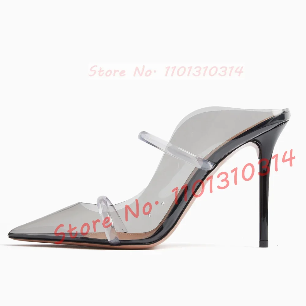 Double Straps Nude Pvc Mules Women Elegant Pointed Toe Thin High Heels Clear Shoes Ladies Luxury Two Tone Waves Outline Slippers