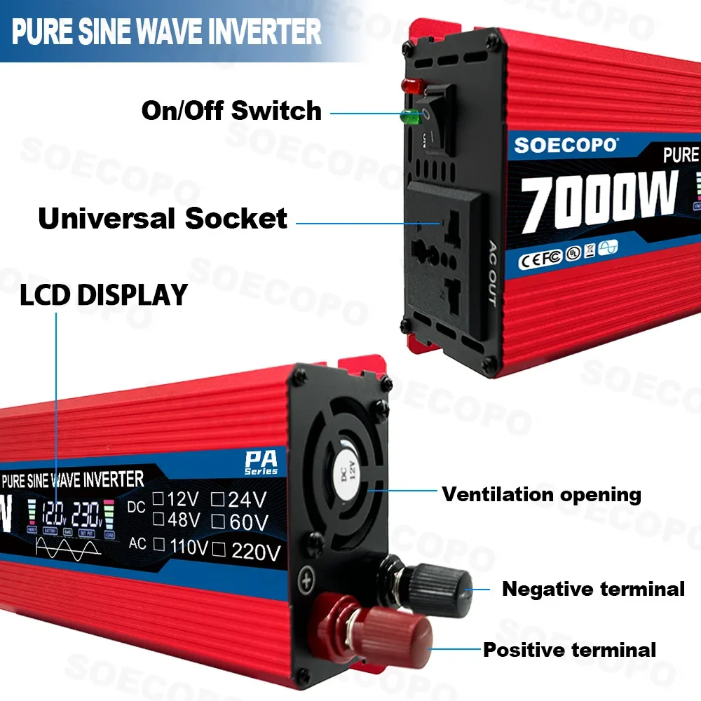 SOECOPO Pure Sine Wave 7000W Solar Kit 2PCS 500W Solar Panels Controller 12V DC 110V 220V AC Inverter for Garden Vehicle Power