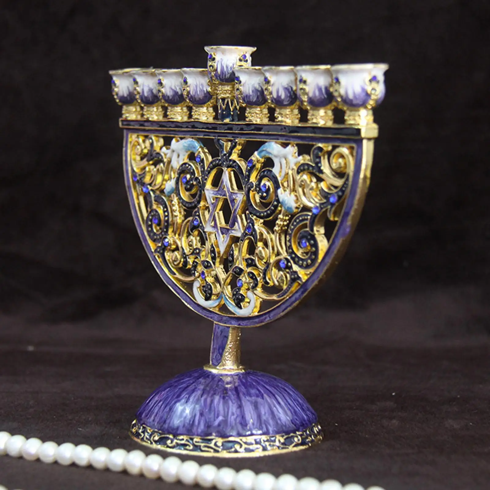 

Hand Painted Enamel Floral Hanukkah Menorah Candlestick 9 Branch Candelabra Embellished with Crystals Home Decor Gift