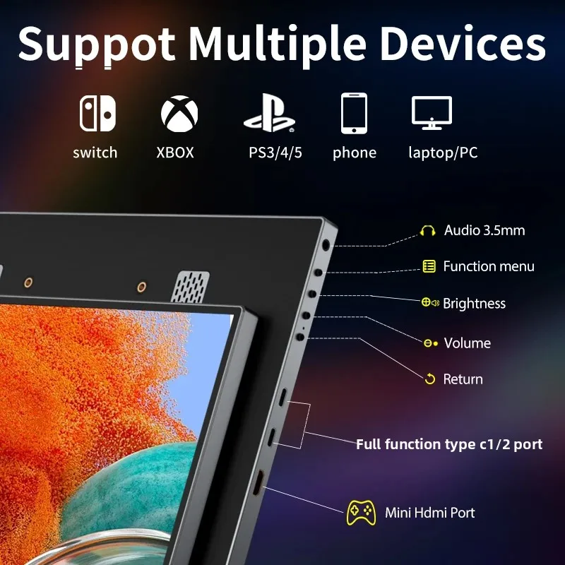 Портативный монитор 11,6-дюймовый внешний монитор для ноутбука 1366P со встроенными динамиками, дисплей с портом HDMI USB-C для портативных ПК Mac PS4/5