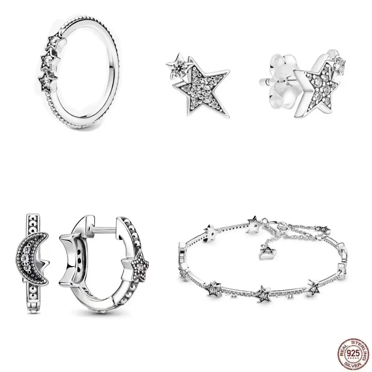 

New Best-selling 925 Pure Silver Glistening Star Set Series Bracelet Earrings Ring Trendy Women's Jewelry Birthday Gift