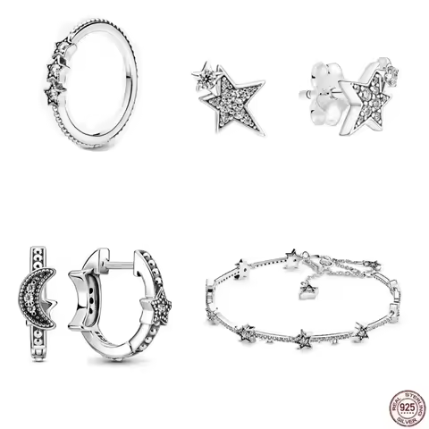 New Best-selling 925 Pure Silver Glistening Star Set Series Bracelet Earrings Ring Trendy Women's Jewelry Birthday Gift