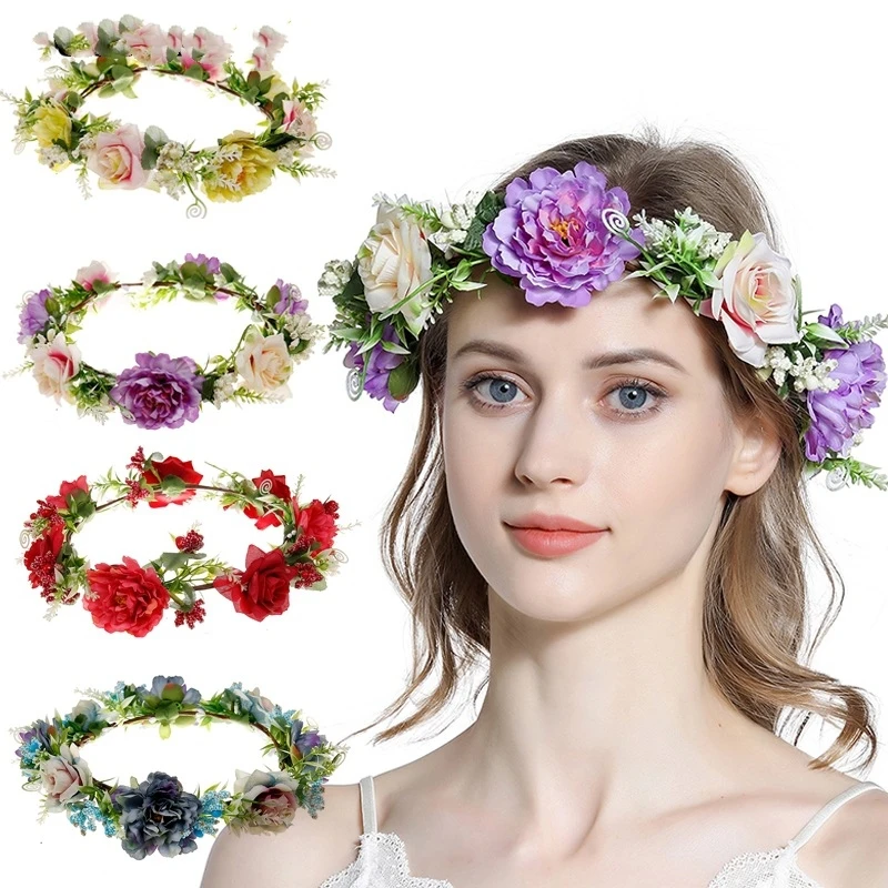 Simulation Of Flowers Fabric Flowers Bohemian Style Bridal Wreath Grass Ring Bridesmaid Photo Hair Accessories Hair Band