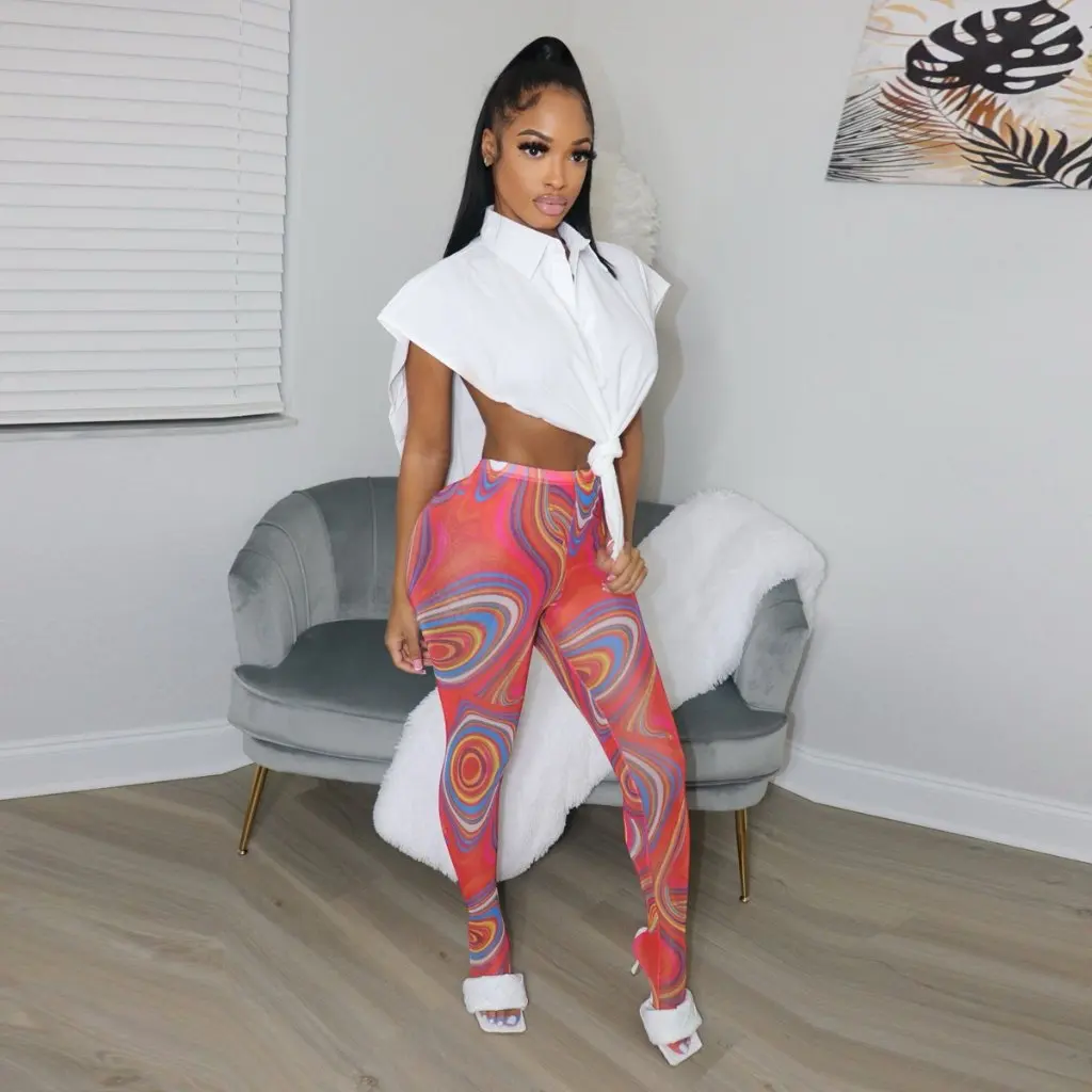 

Y1696 Женская отличительная рубашка без рукавов и сетчатые брюки с принтом, костюм-двойка в европейском и американском стиле