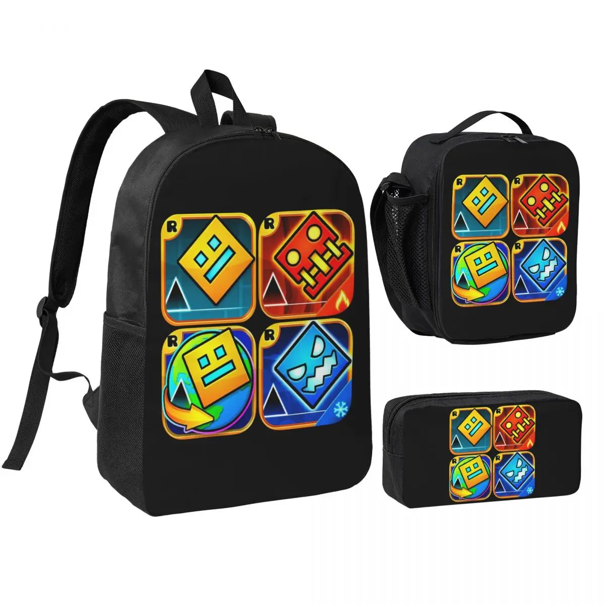 

Video Game Geometry Dash Backpack Student BookBag School Bag Shoulder Bags 3ps Insulated Lunch Bag Pencil Case
