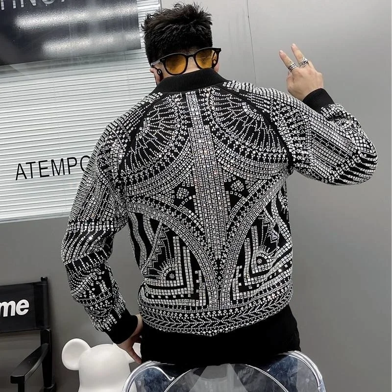 European Luxury Brand Retro Jacket Men Jaqueta Bomber Diamond Men Jacket Coat Fashion Rhinestones Punk Club Outfit Slim Jacket