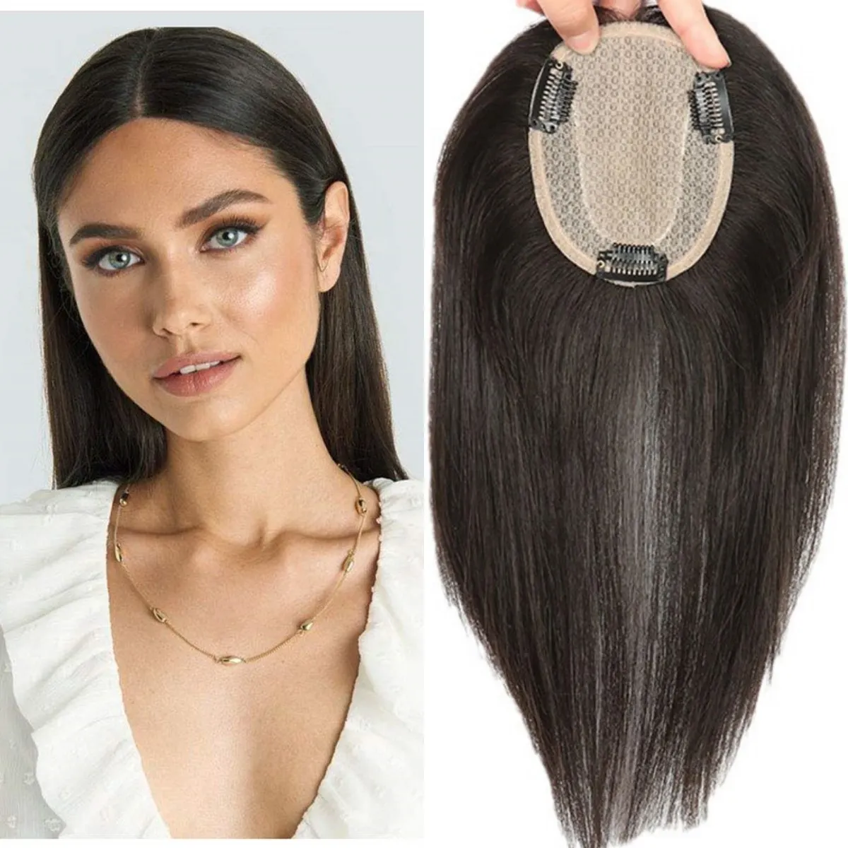 InjBase-Toppers de cheveux humains vierges pour femmes, entièrement faits à la main, cuir chevelu TANNatural, base supérieure, postiches droites avec clips, 10x12cm