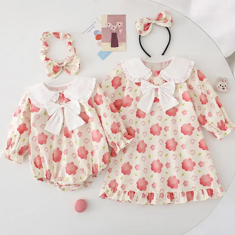 

Korean Twin Sister Matching Outfit for Baby Girls Kids Vintage Floral Print Dress with Hairband Newborns Pink Cute Rompers
