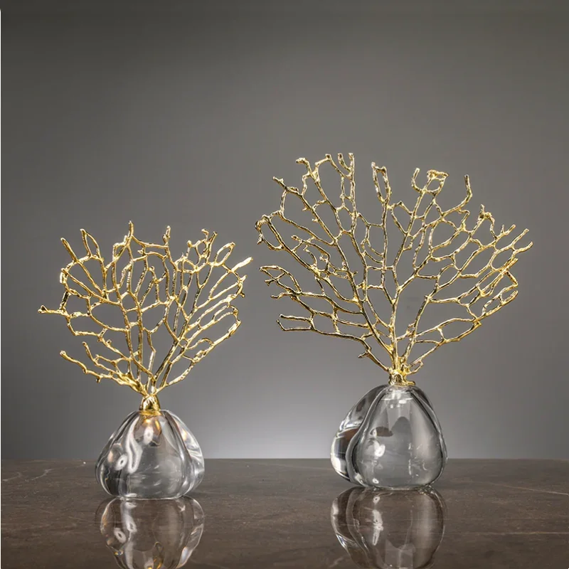 

Imitation Coral Ornaments Crystal Metal Tree Glass Vase Hollow Metal Frame Resinous Coral Ocean Decorative Figurines Home Decor