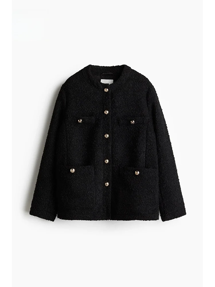 H&M Feminino Slim Fit Tecido Jaet redondo Ne Fce Forrado Botão de Metal Or Casacos 2524 Casaco de Outono Faionable