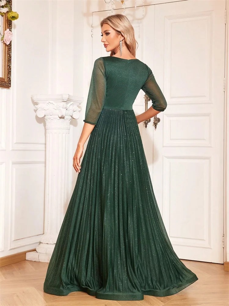 BLUEPLUM Luxury Long Sleeve Formal Evening Dress V-Neck Floor-Length Gown Women Elegant Party Chiffon A-line Prom Cocktail Dress