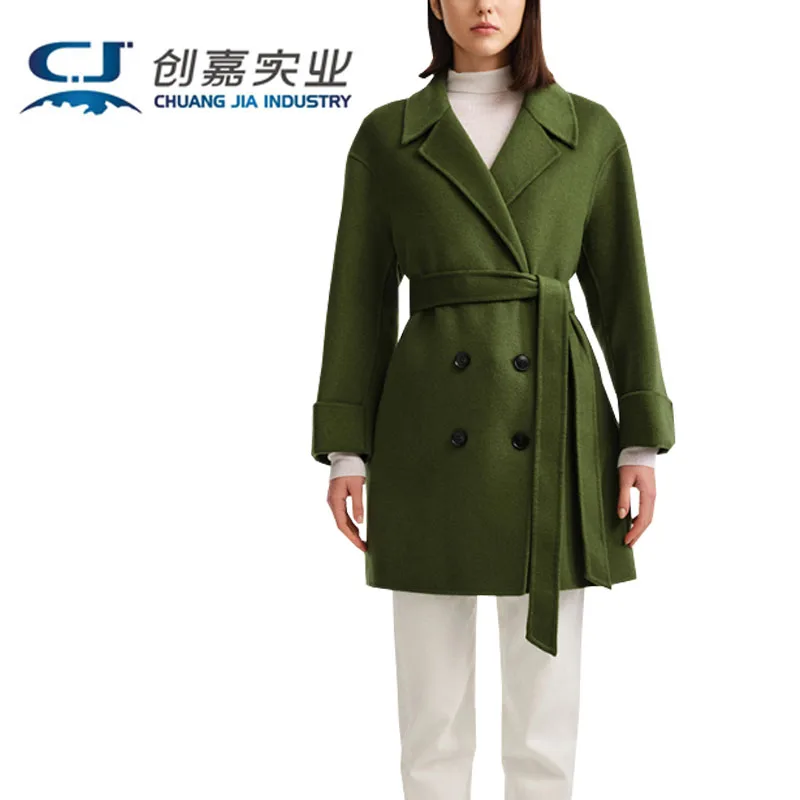 

High-end Sheep Wool Women's Autumn Winter Coat Green Double-breasted Lace-up Mid-length Coat Temperament Elegant Generous Casual