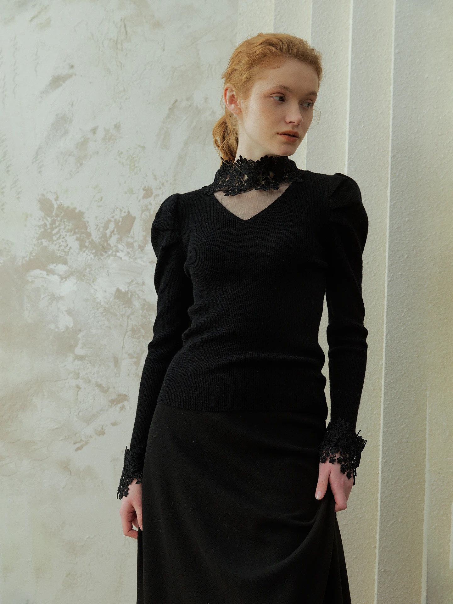 

Романтический вязаный свитер с кружевными вставками и высоким воротником, облегающий, с рукавами-фонариками, для женщин, осень-зима, базовый слой