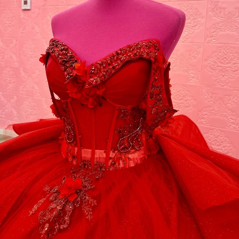 Red Sparkly Princess Off Shoulder Quinceanera Dresses Sweetheart Lace Applique Flower Sweet 16 Ball Gown Vestidos De 15 Años