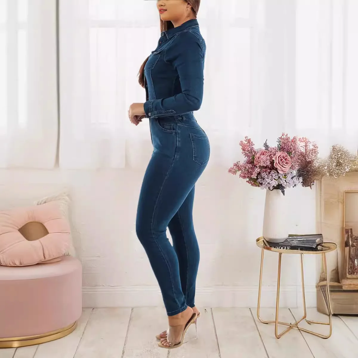 Macacão Jeans Slim Stretch de Cintura Alta, Macacão Skinny com Lavagem, Macacão Casual de Manga Longa