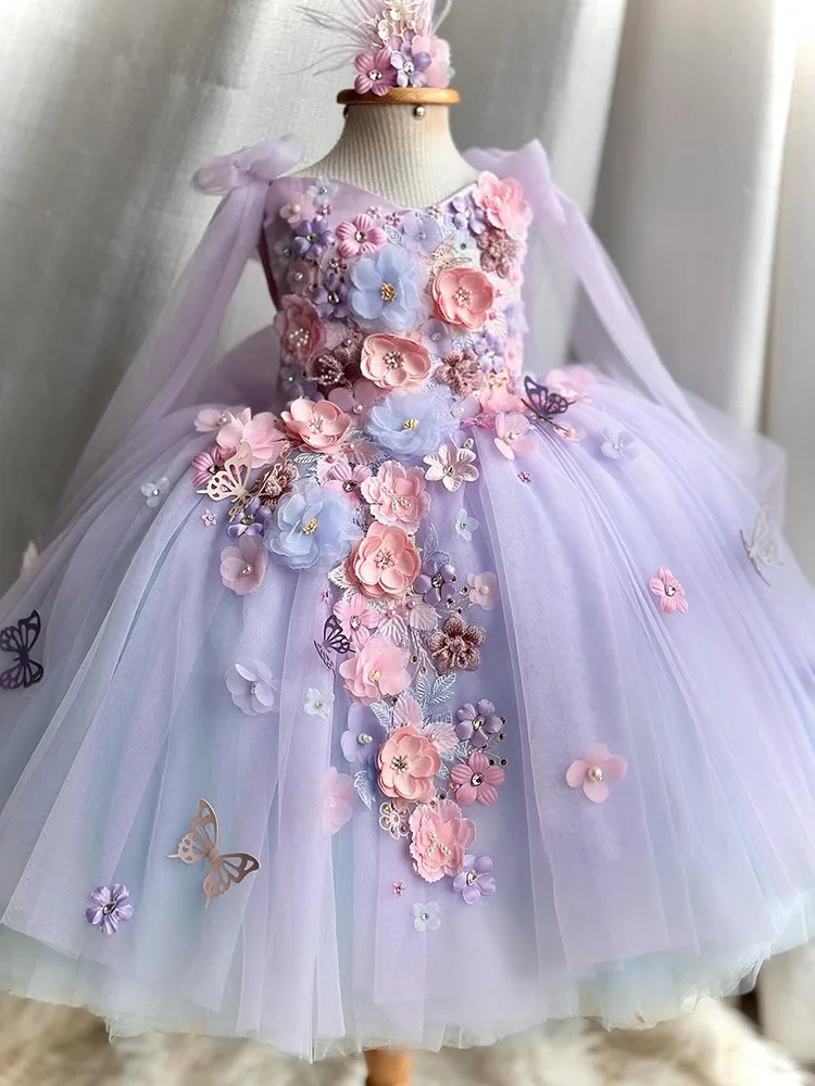 Weiße Applikation Blumen mädchen Kleid für Hochzeit geschwollene Tüll ärmellose Prinzessin elegante Kinder Party Erstkommunion Ballkleid