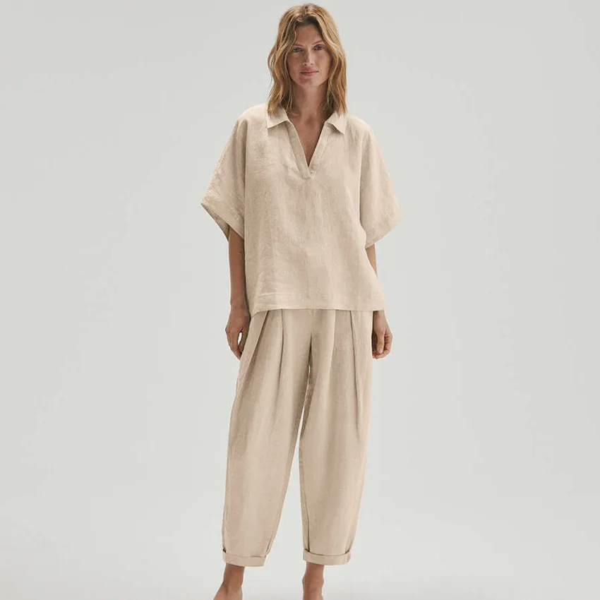 

Khaki Cotton Sleepwear Women's Suit Half Sleeve Women Pajama Set Lapel V Neck Nightwear Spring Home Suit Loose Pant Sets 2023