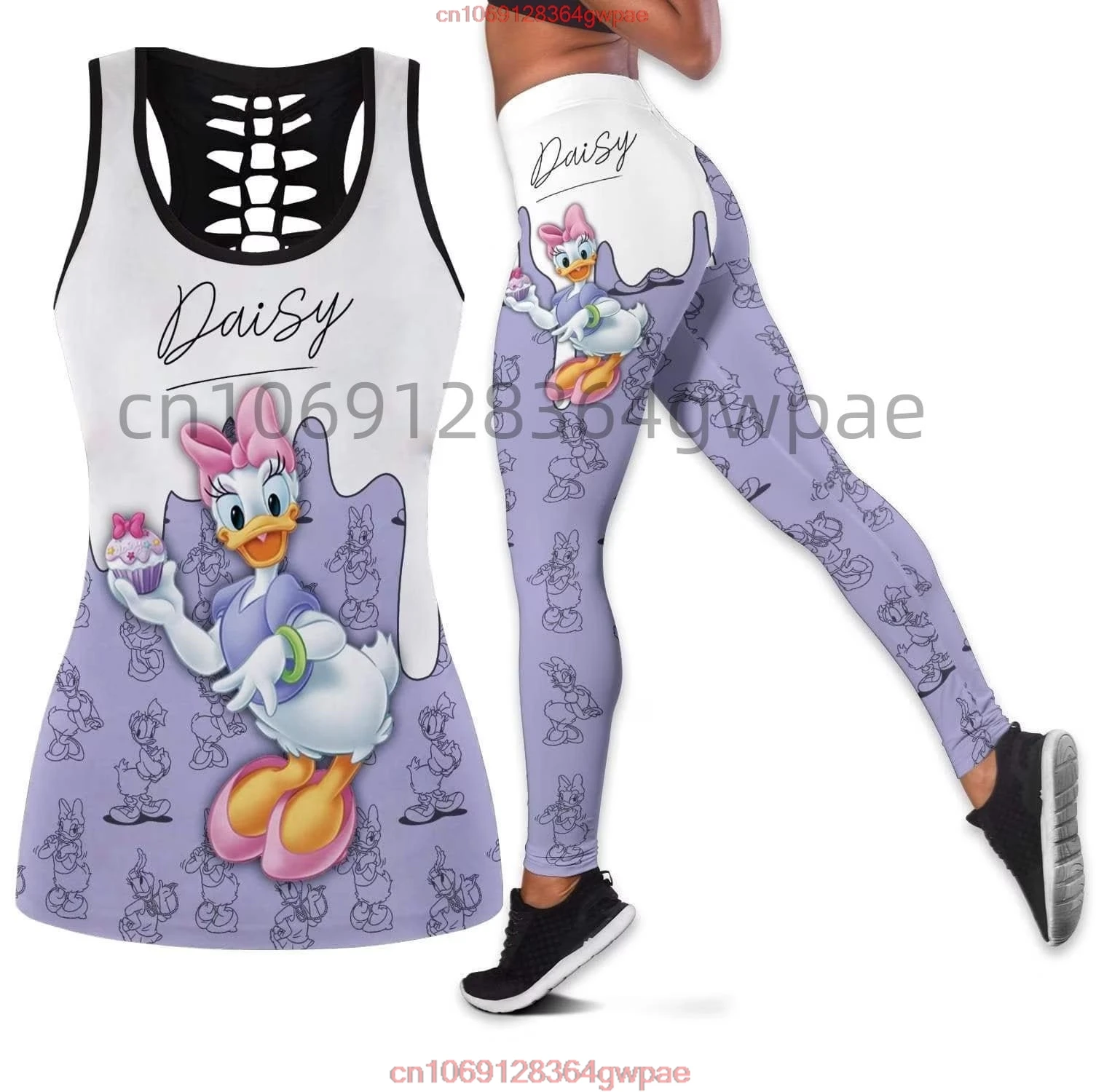 Daisy Duck Women\'s Cutout Tank Top Leggings Yoga Wear Set Summer Fitness Leggings Tracksuit Disney Hollow Tank Top Leggings Set