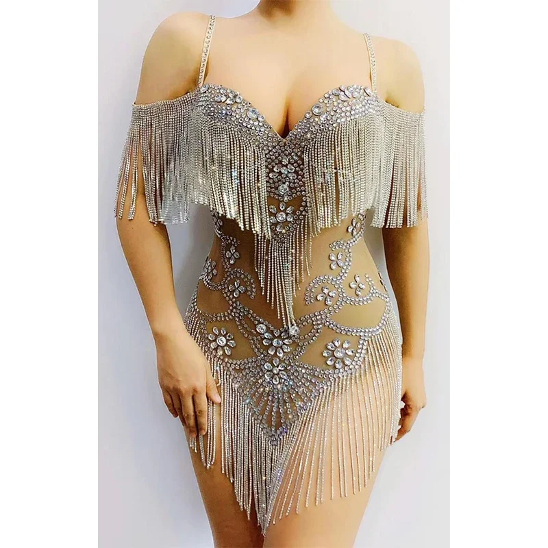 Sparkly Crystal Fringe Dress White Off-Shoulder Evening Dress Party Birthday Outfit For Women Dancer Sexy Stage Clothing