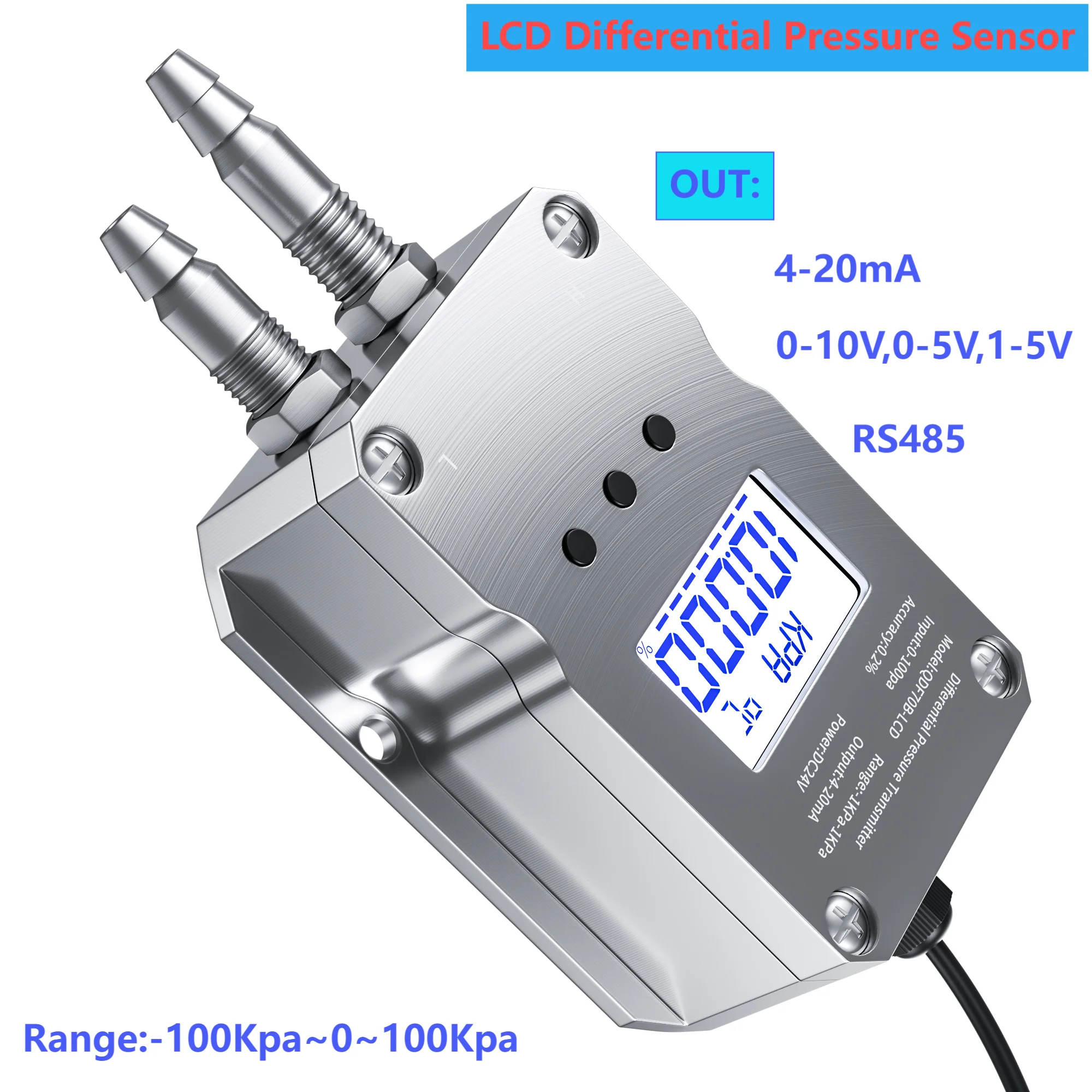 

Датчик дифференциального давления с ЖК-дисплеем от 0 до 5 кПа до 4-20 мА 0-10 В, преобразователь давления воздуха от-50 Па до 1-5 В, преобразователь давления ветра