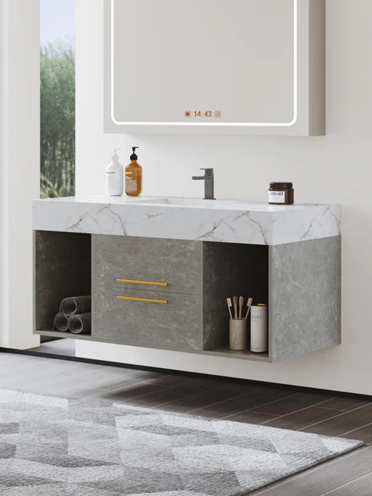 Wall mounted single bathroom dressing table easy to clean and install with artificial marble countertop