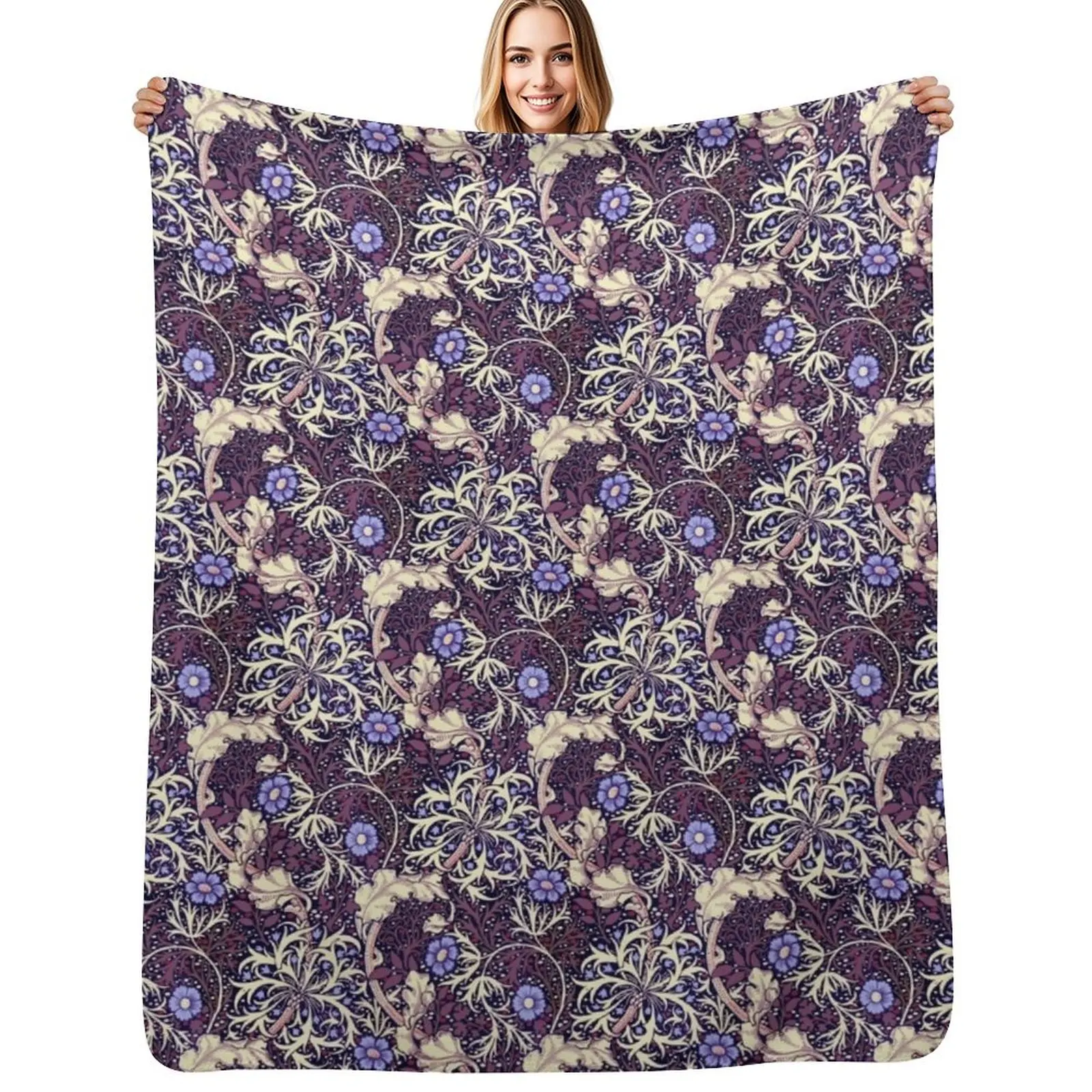 Remastered John Henry Dearle Seaweed Textile Pattern Blue and Magenta Throw Blanket All Season Lightweight Soft Blanket for Bed
