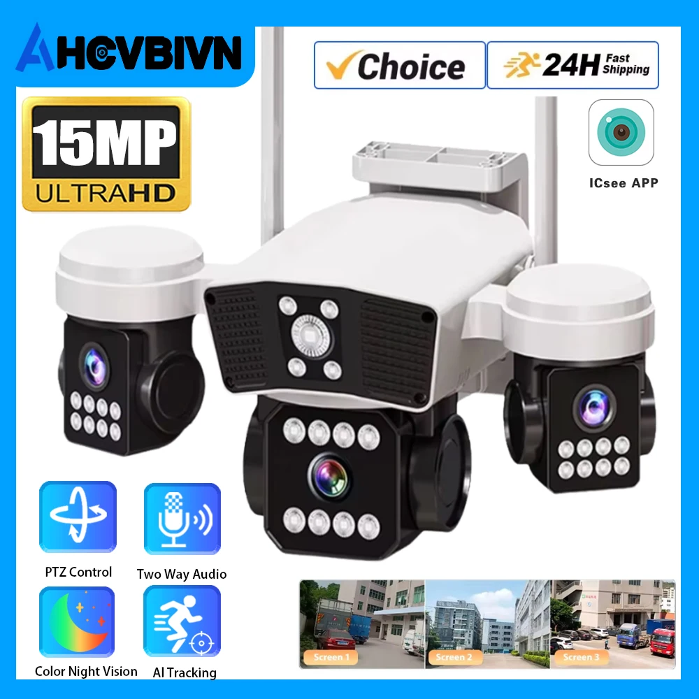 

Three Lens PTZ IP Camera Outdoor 15MP HD Three Screen WiFi Security Camera Auto Tracking Triple Screens Wireless CCTV Camera