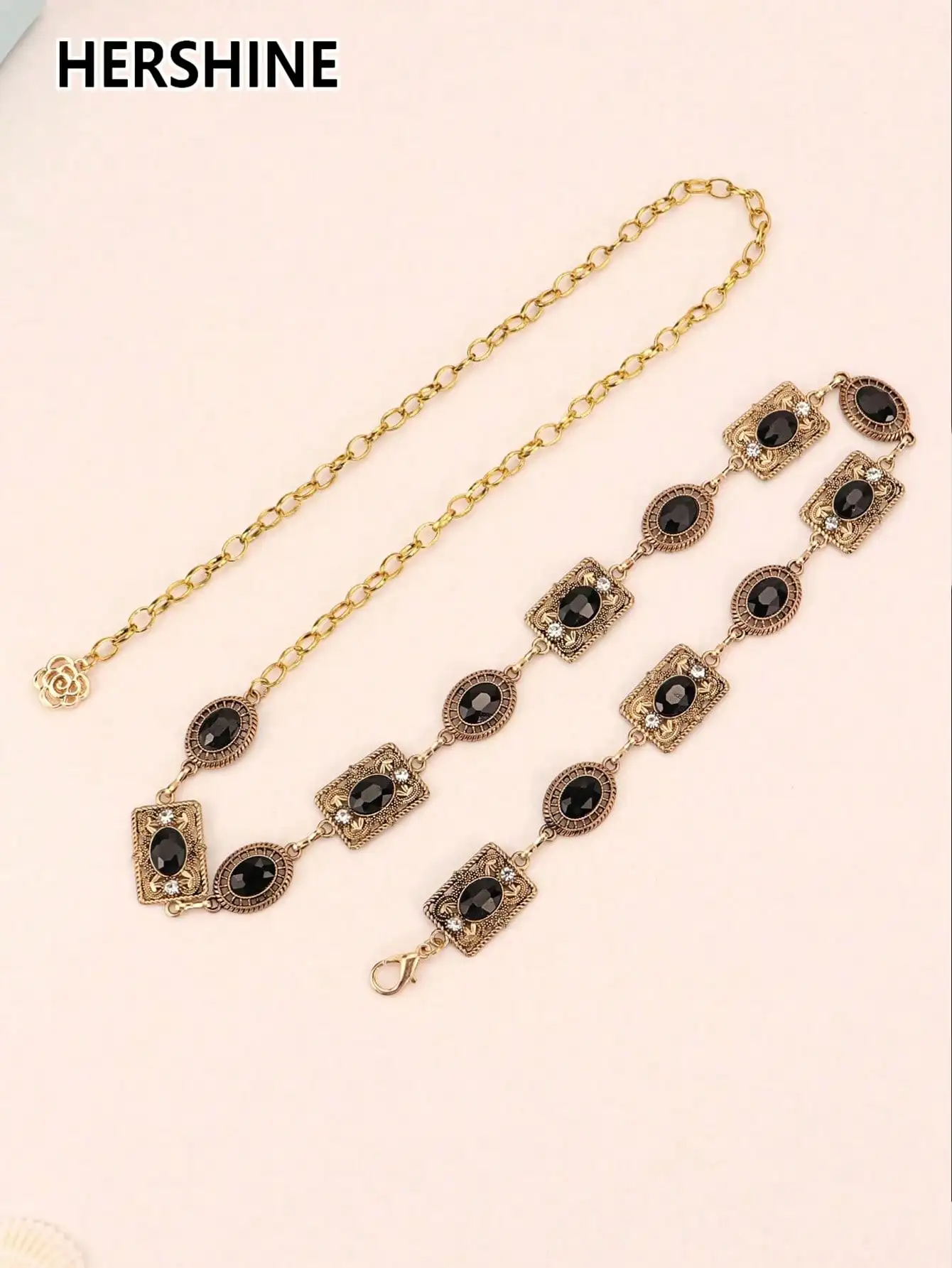 HERSHINE Damski modny łańcuszek na talię z ażurowym wzorem i czarnymi cyrkoniami, akcesoria do sukienek w stylu boho retro na Boże Narodzenie