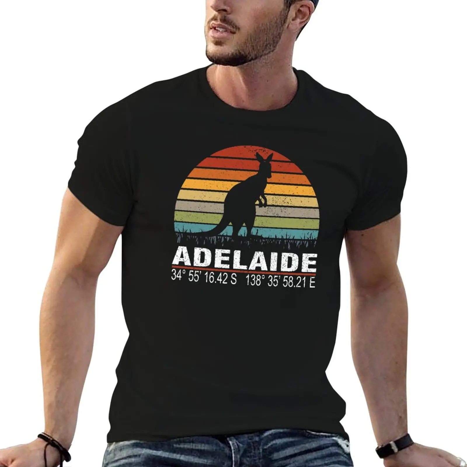 Adelaide Australia Classic Distressed Retro Sun Kangaroo with GPS Coordinates T-Shirt Blouse outfits for men