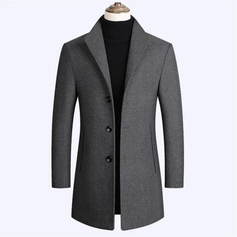 

New Autumn Winter Men's Solid Color Casual Mid length Woolen Coat High Quality Men's Wear Coat