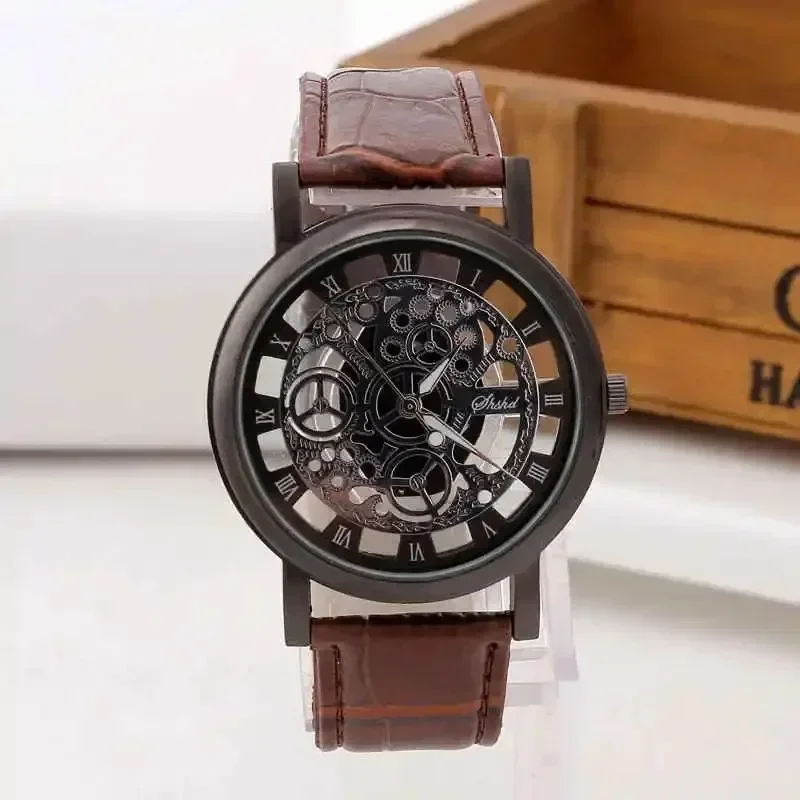 Reloj mecánico de imitación a la moda para hombre, relojes con esqueleto ahuecados, relojes de pulsera de cuarzo con banda de cuero, reloj Masculino