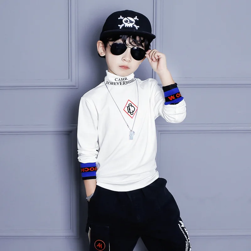 

Casual Boys Clothes Spring Autumn Bottoming T-shirts for Big Boys Cotton Teenage White Letter Basic Shirts Kids Black Tops 8 10T