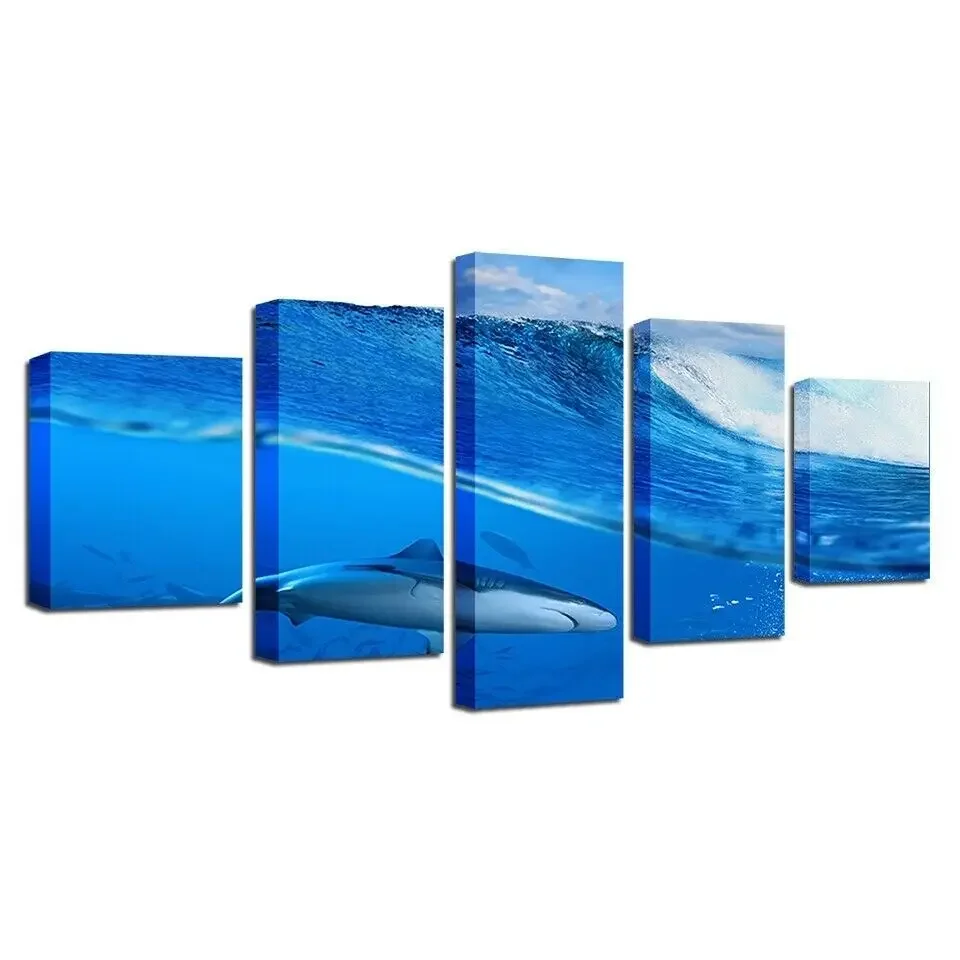 No Framed 5 Piece Canvas Blue Deep Sea Shark Painting Wall Art Print Home Decor HD Pictures Poster